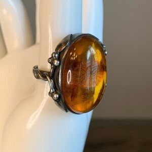 Sterling Silver Amber Ring Chunky Stamped 925 Size 6.25 Vintage Statement Ornate